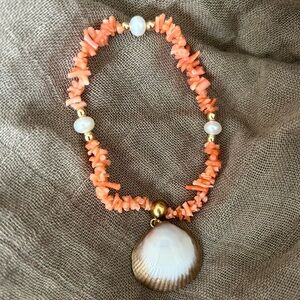 Natural Salmon Coral and seashell stretchy bracelet